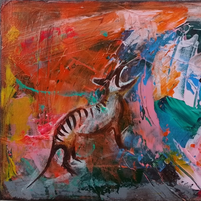 Fever Dream, detail, painting of a thylacine amid a colourful, expressive abstract background