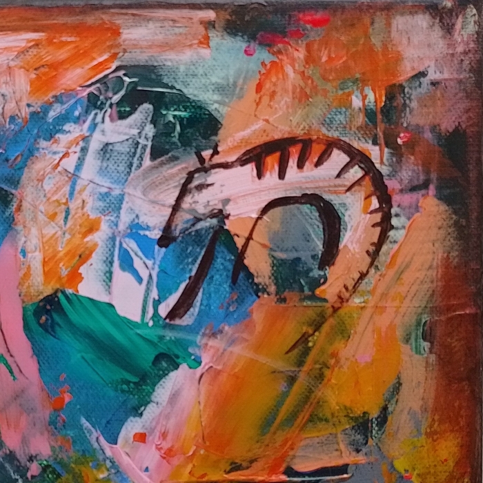 Fever Dream, detail, painting of a thylacine amid a colourful, expressive abstract background